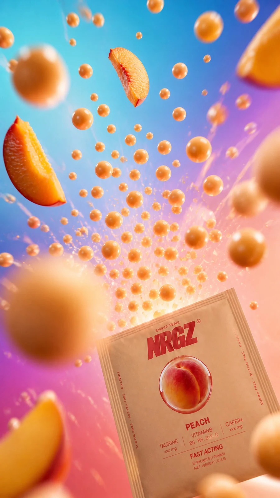 A peach NRGZ pack with pearls and fruit in motion