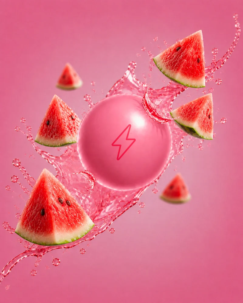 A pink NRGZ pearl with watermelon and a splash of juice