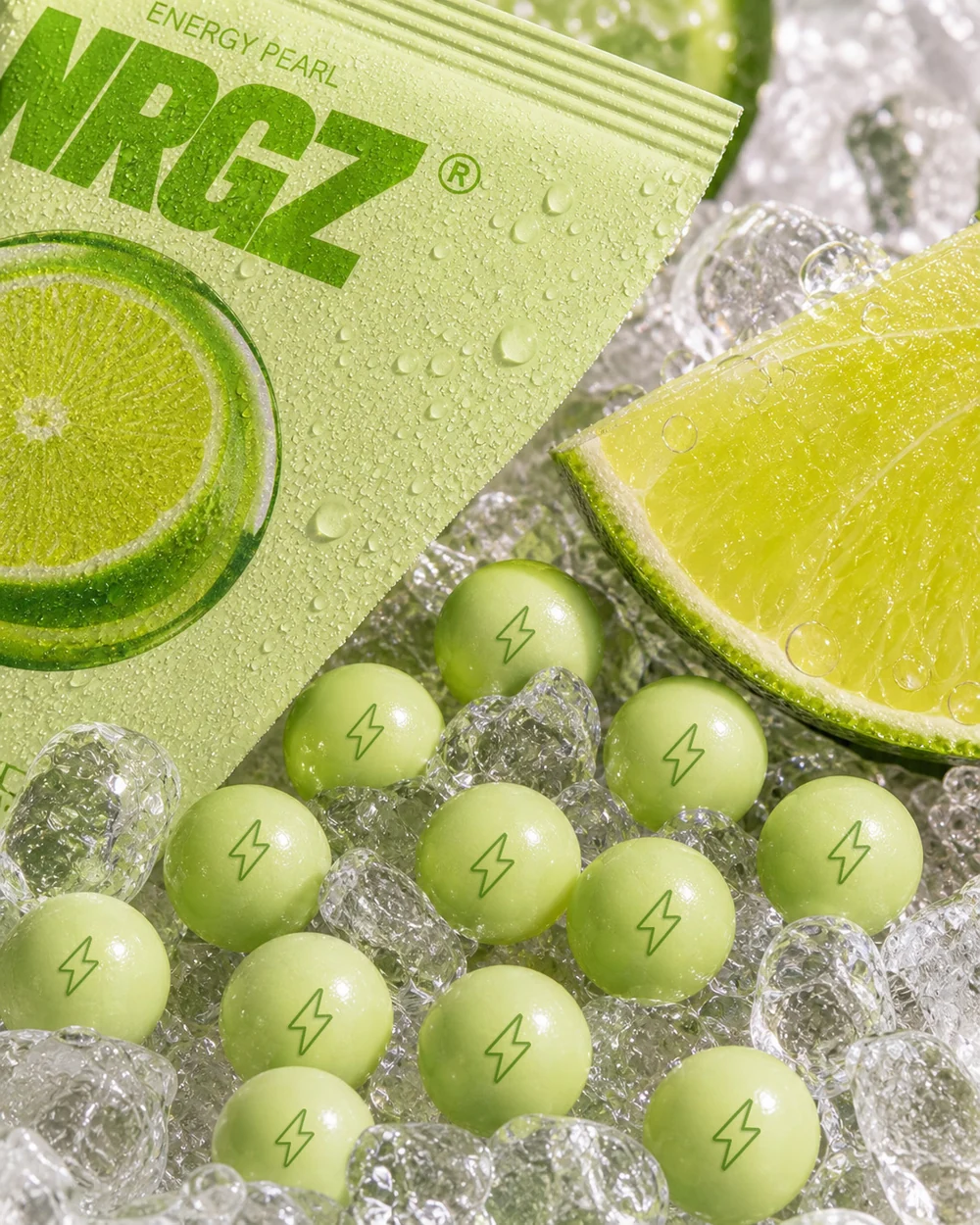Lime NRGZ pearls and their pocket-sized pack on ice