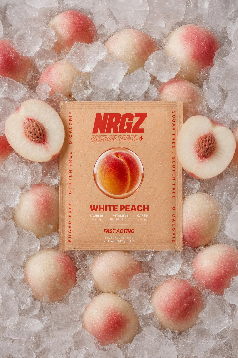 A White Peach NRGZ pack displayed among peaches and ice